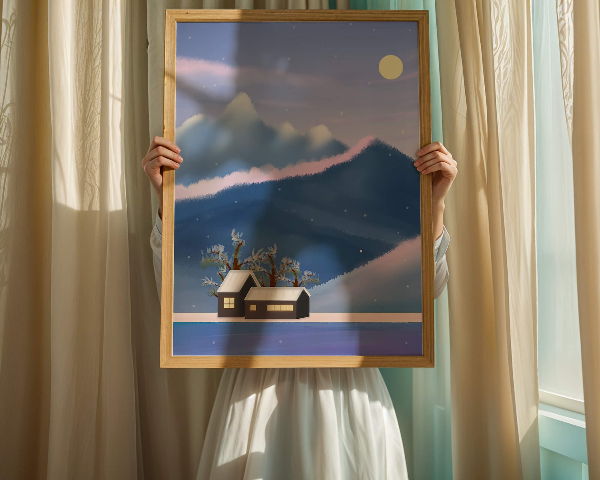 Paysage de montagne enneigée avec des maisons et des arbres sous la lumière de la lune