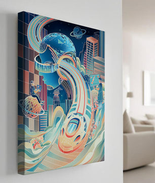 Futuristische Illustration mit VR-Thema und technologischen Elementen