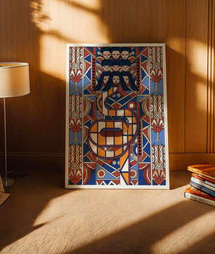 Patrón geométrico Art Decó con rostros y diseño simétrico