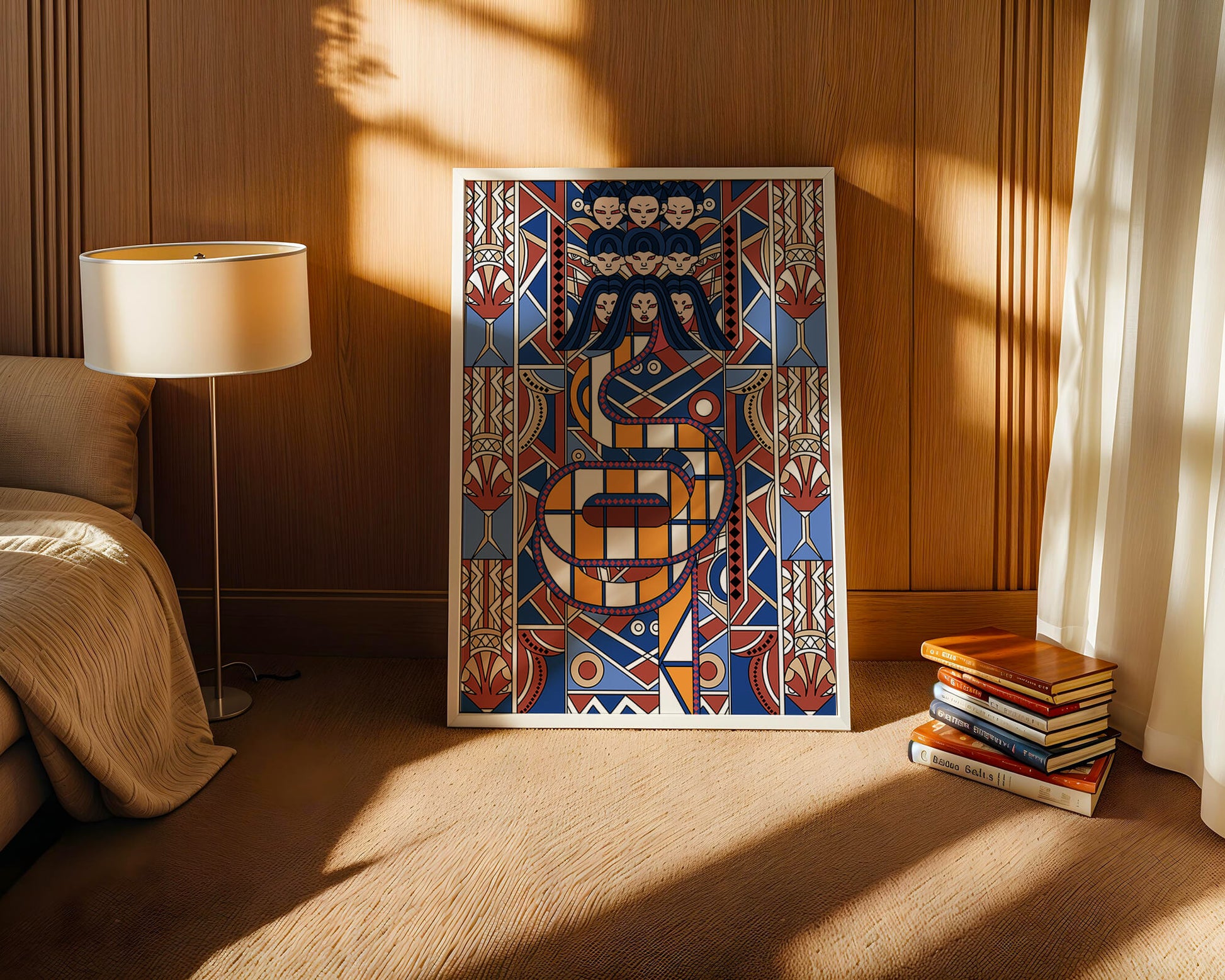 Patrón geométrico Art Decó con rostros y diseño simétrico