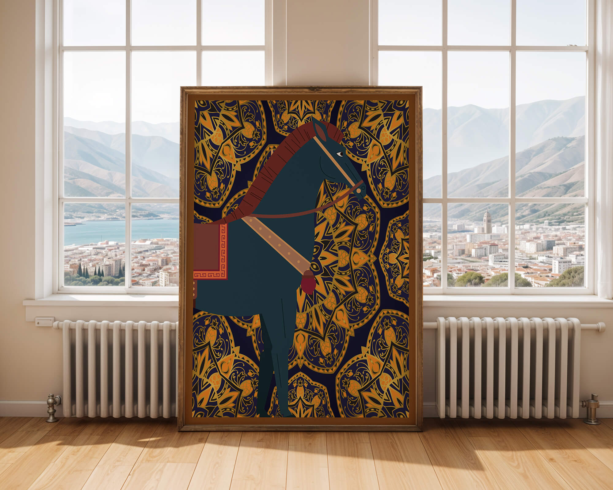 Stylized horse illustration on intricate golden pattern background