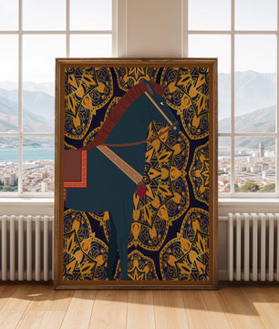 Stilisierte Pferdeillustration auf kompliziertem goldenem Musterhintergrund