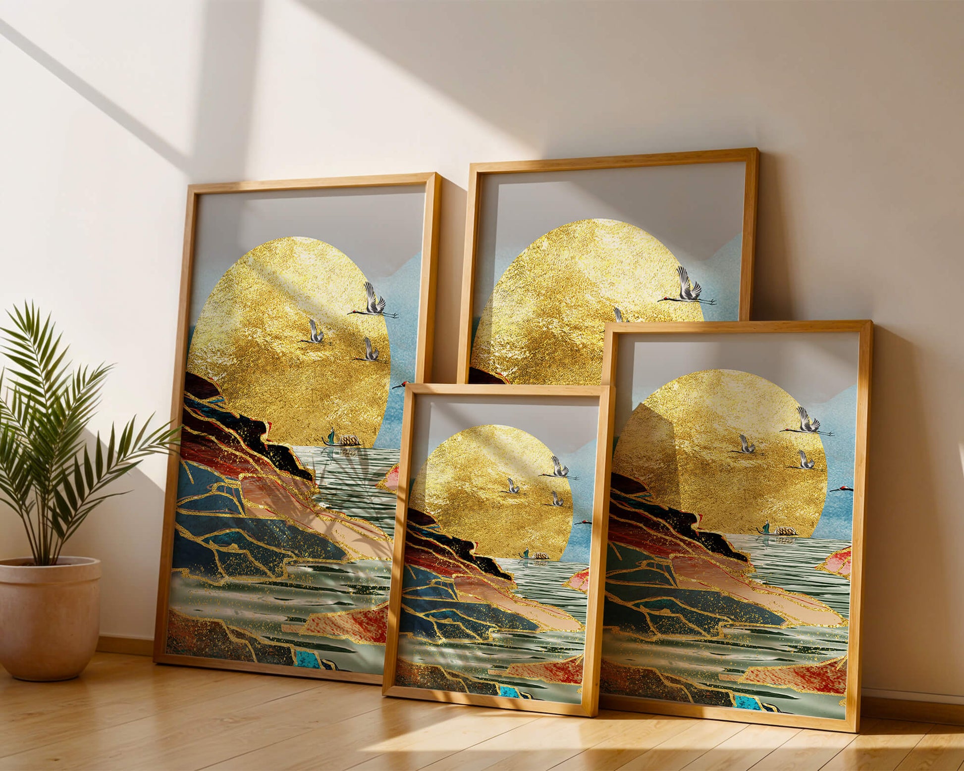 Majestic Golden Sun with Birds over Serene Landscape