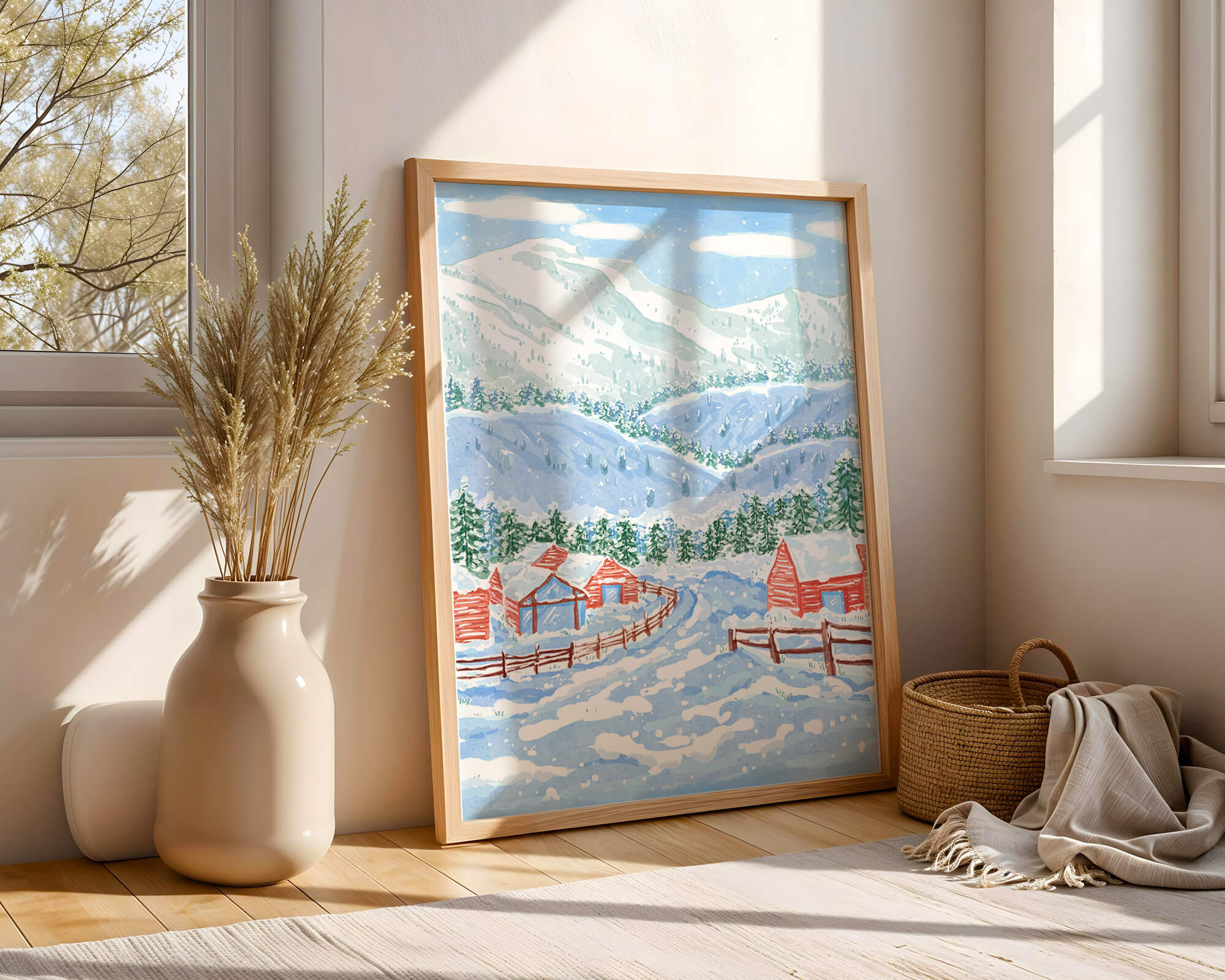 Charming snowy landscape with mountain view and cozy cabins