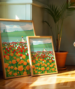 Woman with bicycle in vibrant tulip field by a lake