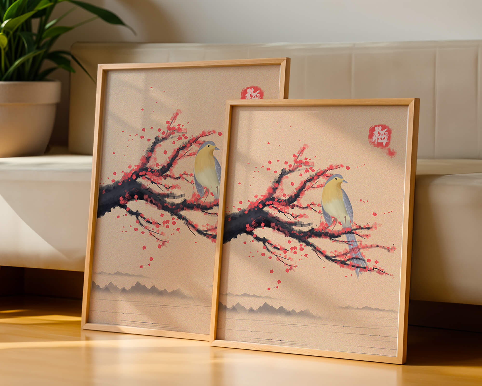 Serene bird on cherry blossom branch in traditional Asian art style