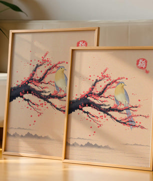 Oiseau serein sur une branche de cerisier dans le style artistique asiatique traditionnel