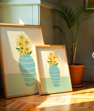 Yellow Sunflowers in a Blue Striped Vase on a Minimalist Background - Mi tienda