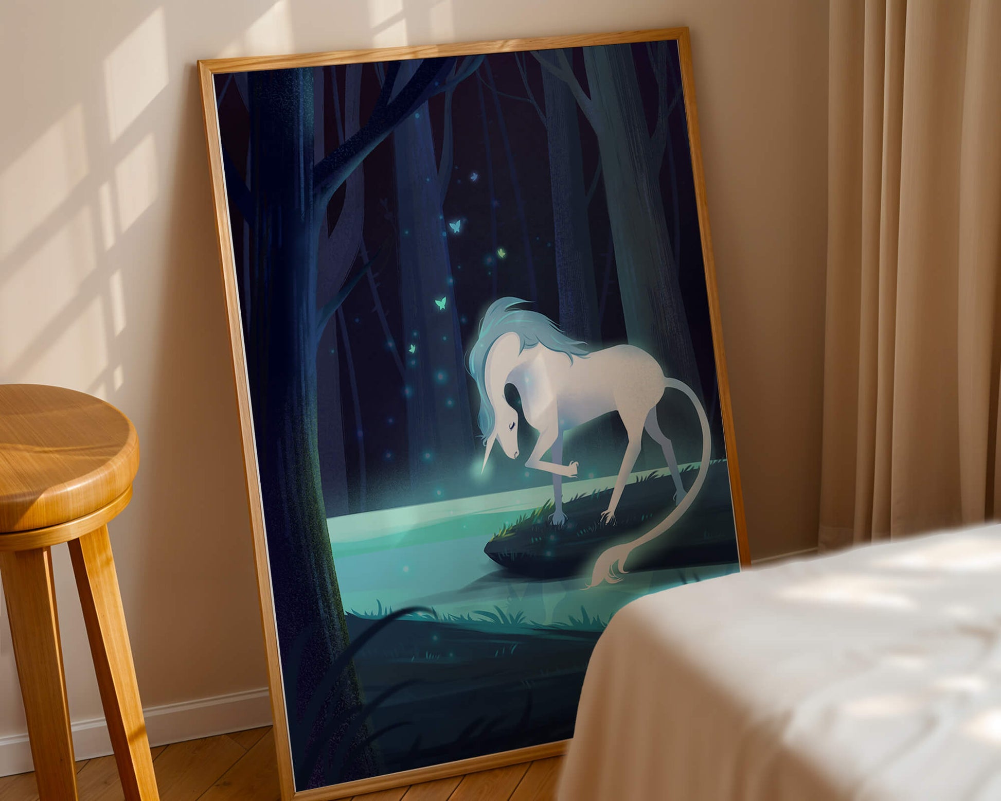 Enchanting night scene with a unicorn by a forest stream