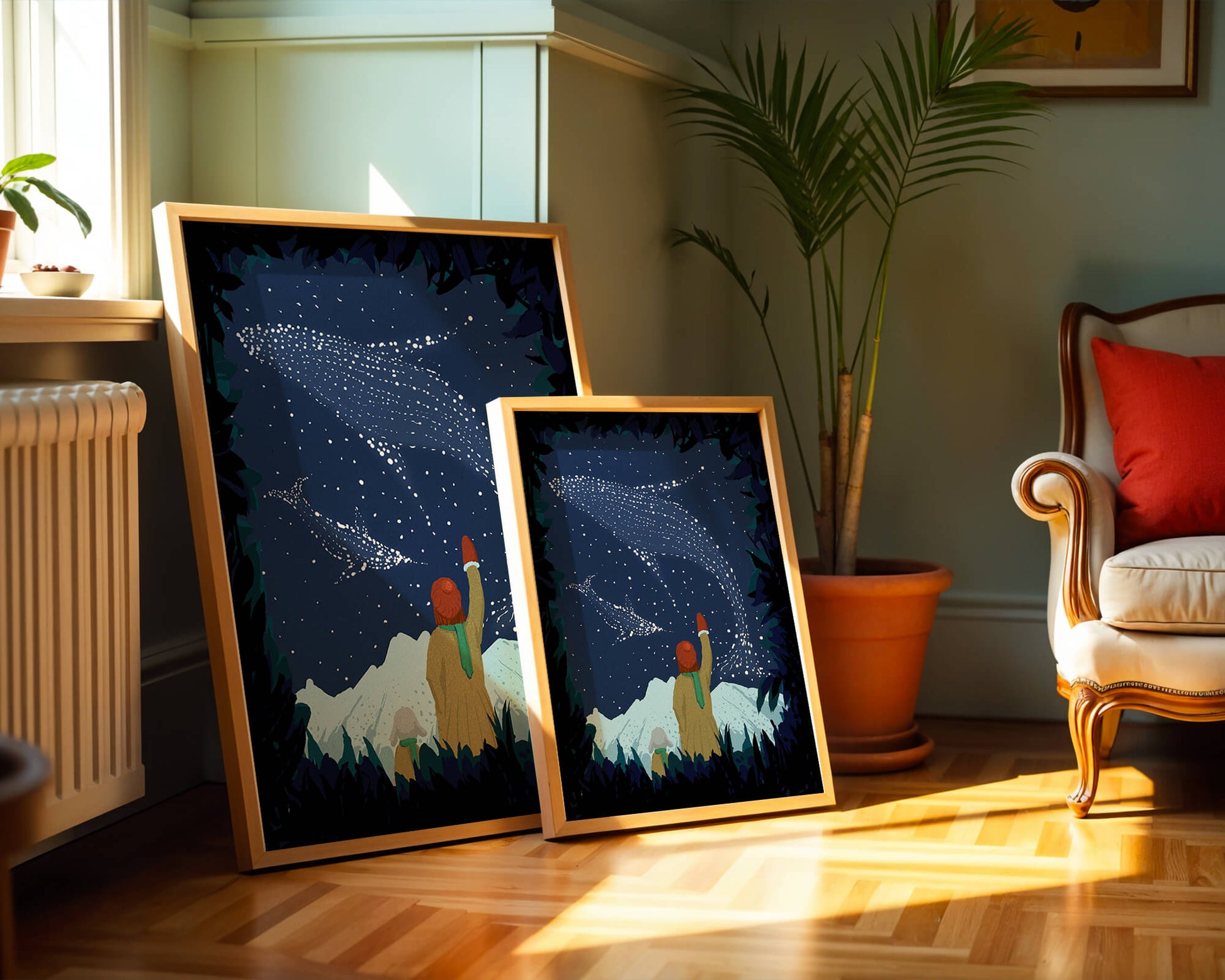 Starry night with whale constellations and mountain scenery