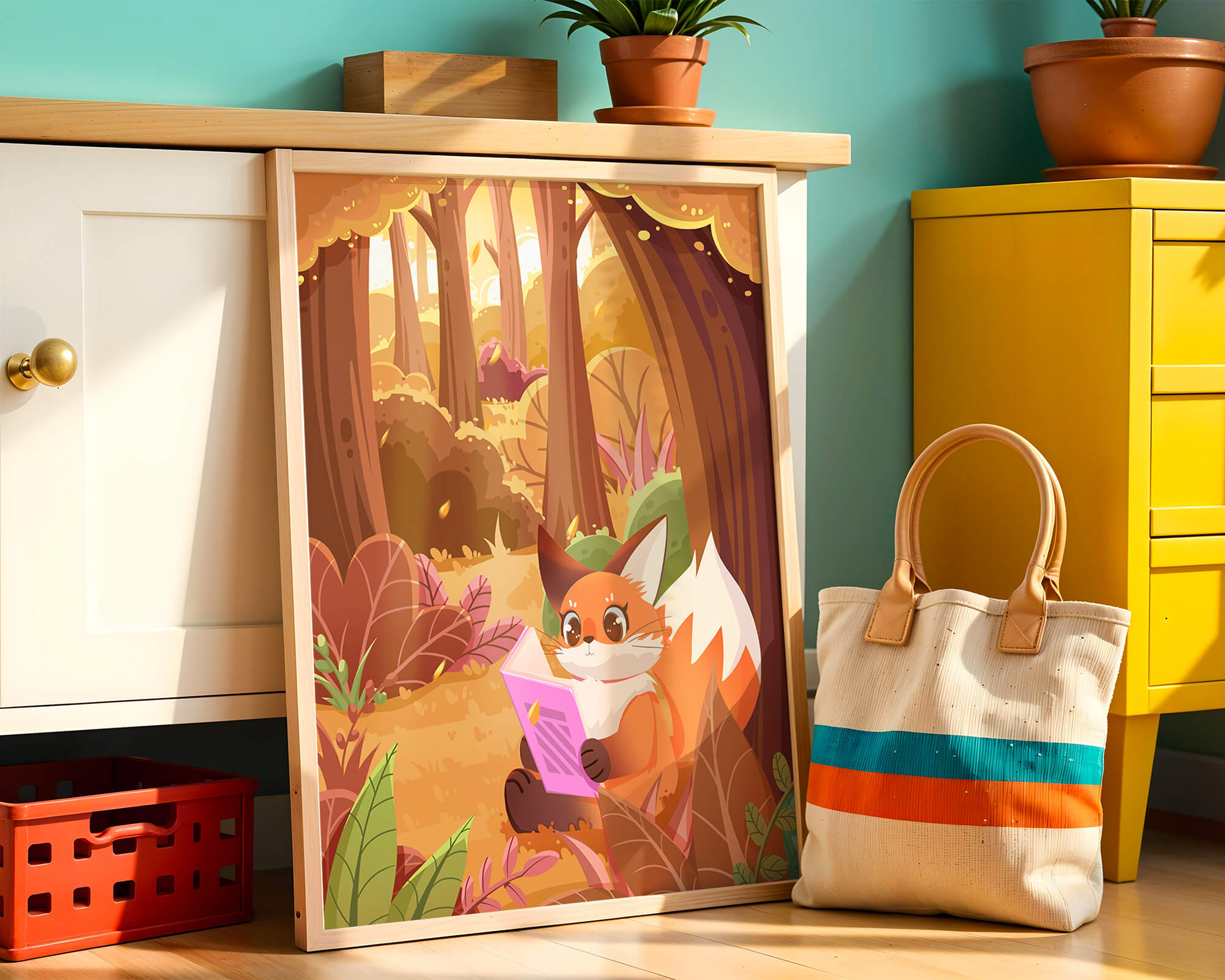 Fox reading a book in a whimsical autumn forest
