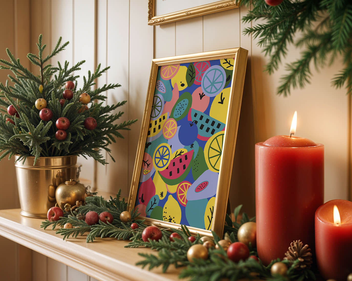 Patrón abstracto de frutas vibrantes con cítricos y melones sobre fondo azul