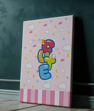 Playful pastel illustration with cute characters and clouds