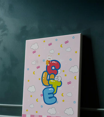 Playful pastel illustration with cute characters and clouds