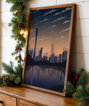 Skyline der Stadt bei Sonnenuntergang mit futuristischem Touch und Wasserspiegelung