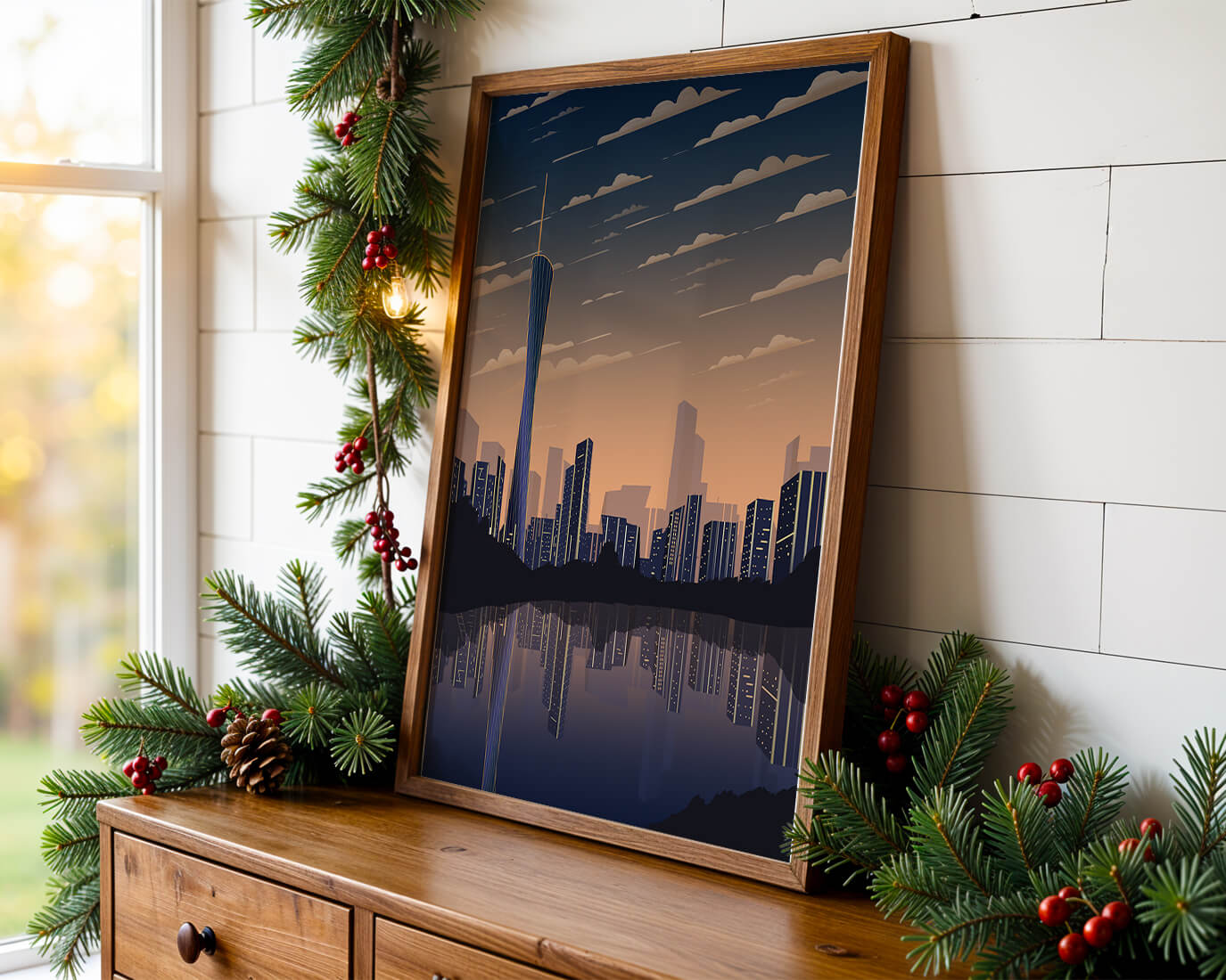 Skyline der Stadt bei Sonnenuntergang mit futuristischem Touch und Wasserspiegelung