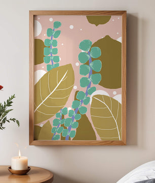 Diseño botánico abstracto con hojas verdes y doradas.