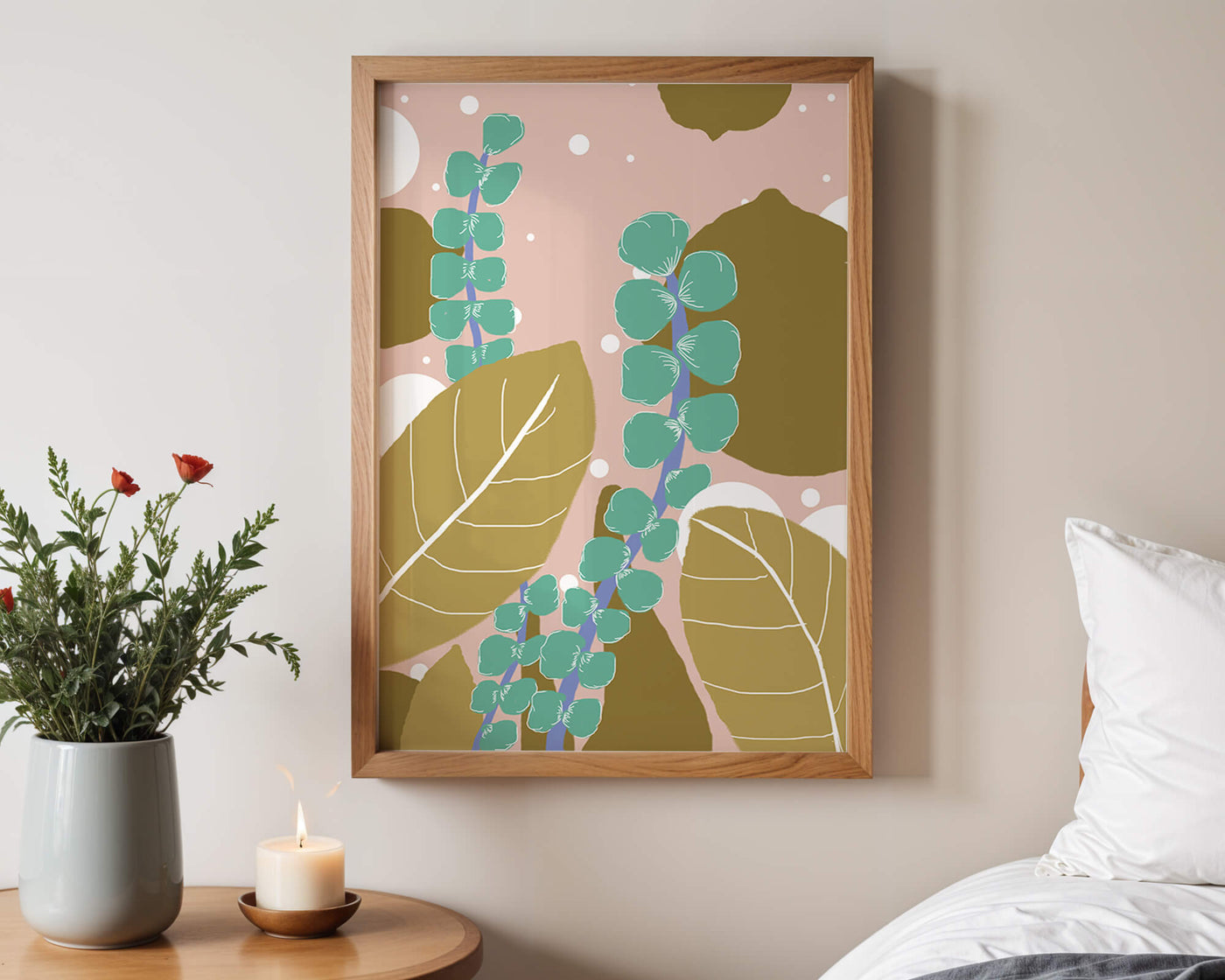 Abstract botanical design with green and golden leaves