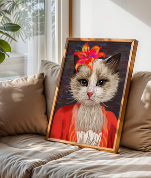 Retrato de gato con acentos de flores vibrantes y atuendo colorido