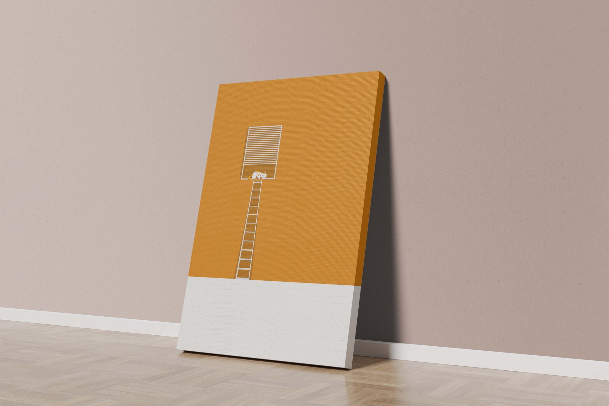 Cat Sleeping on Elevated Platform Against Orange Background