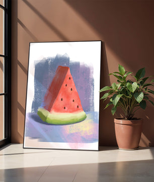 Ilustración en acuarela de una rodaja de sandía con fondo abstracto