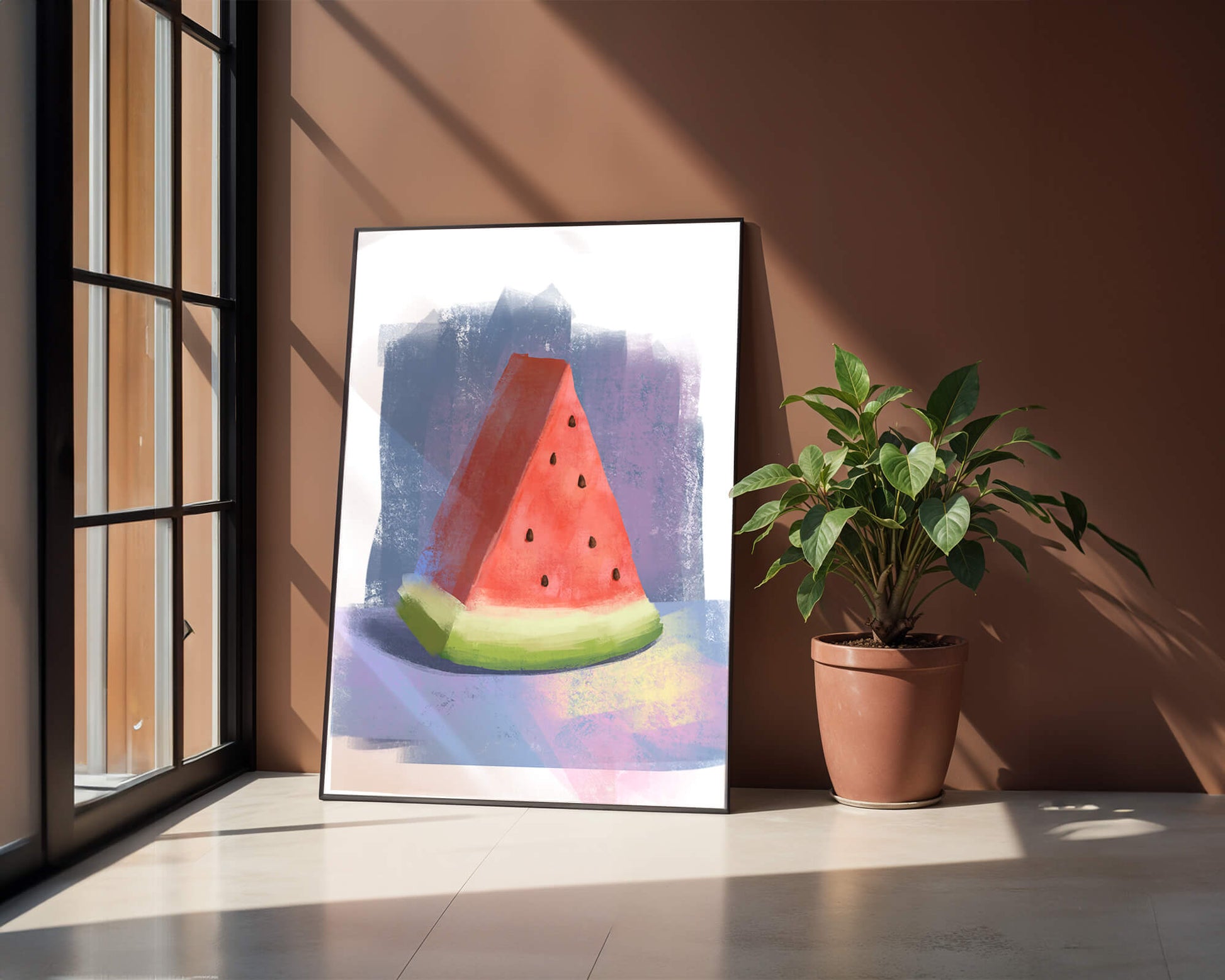 Watercolor illustration of a watermelon slice with abstract background