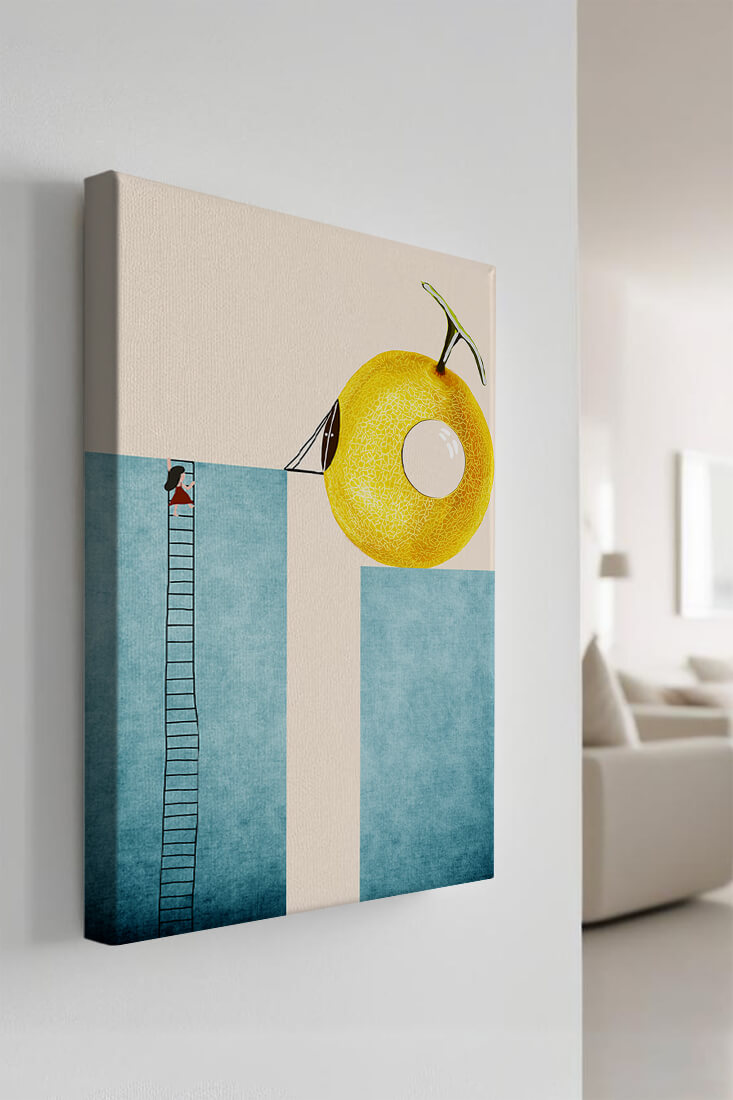 Woman Climbing Ladder towards Giant Yellow Fruit