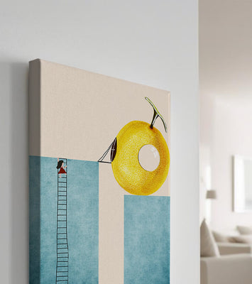 Woman Climbing Ladder towards Giant Yellow Fruit
