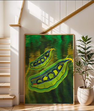 Ilustración abstracta de guisantes verdes coloridos con fondo vibrante