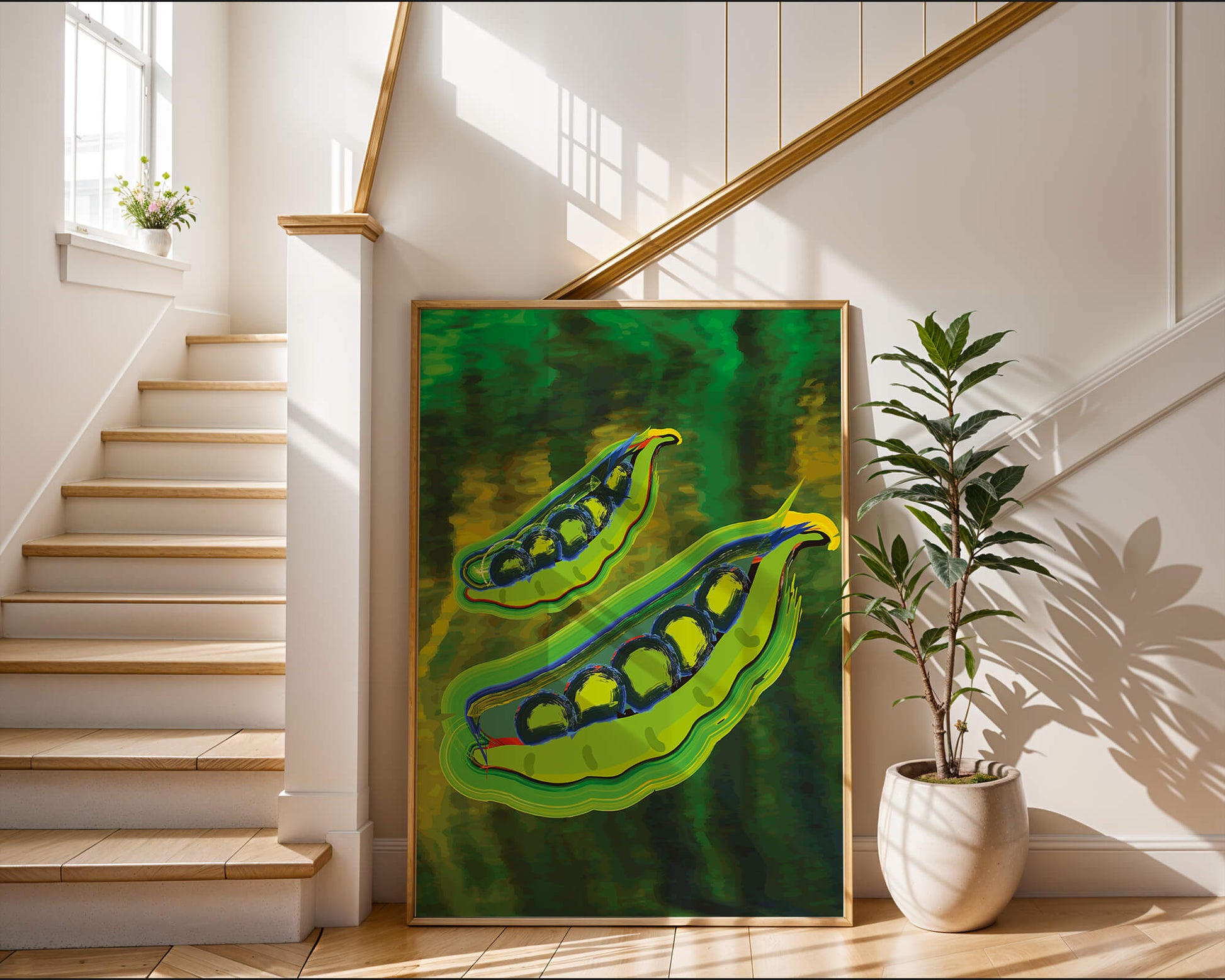 Ilustración abstracta de guisantes verdes coloridos con fondo vibrante