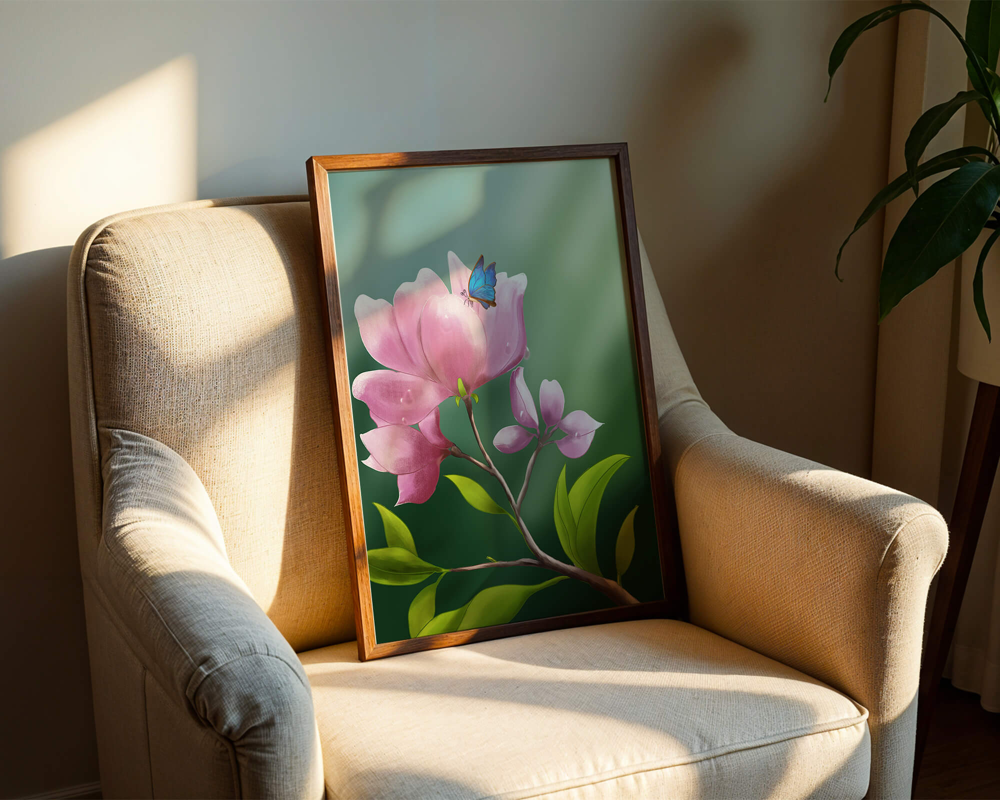 Delicate pink flower with a vibrant blue butterfly in a serene garden setting