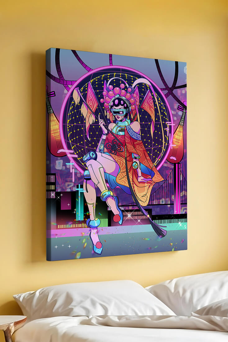 Futuristic geisha with neon lights and traditional elements