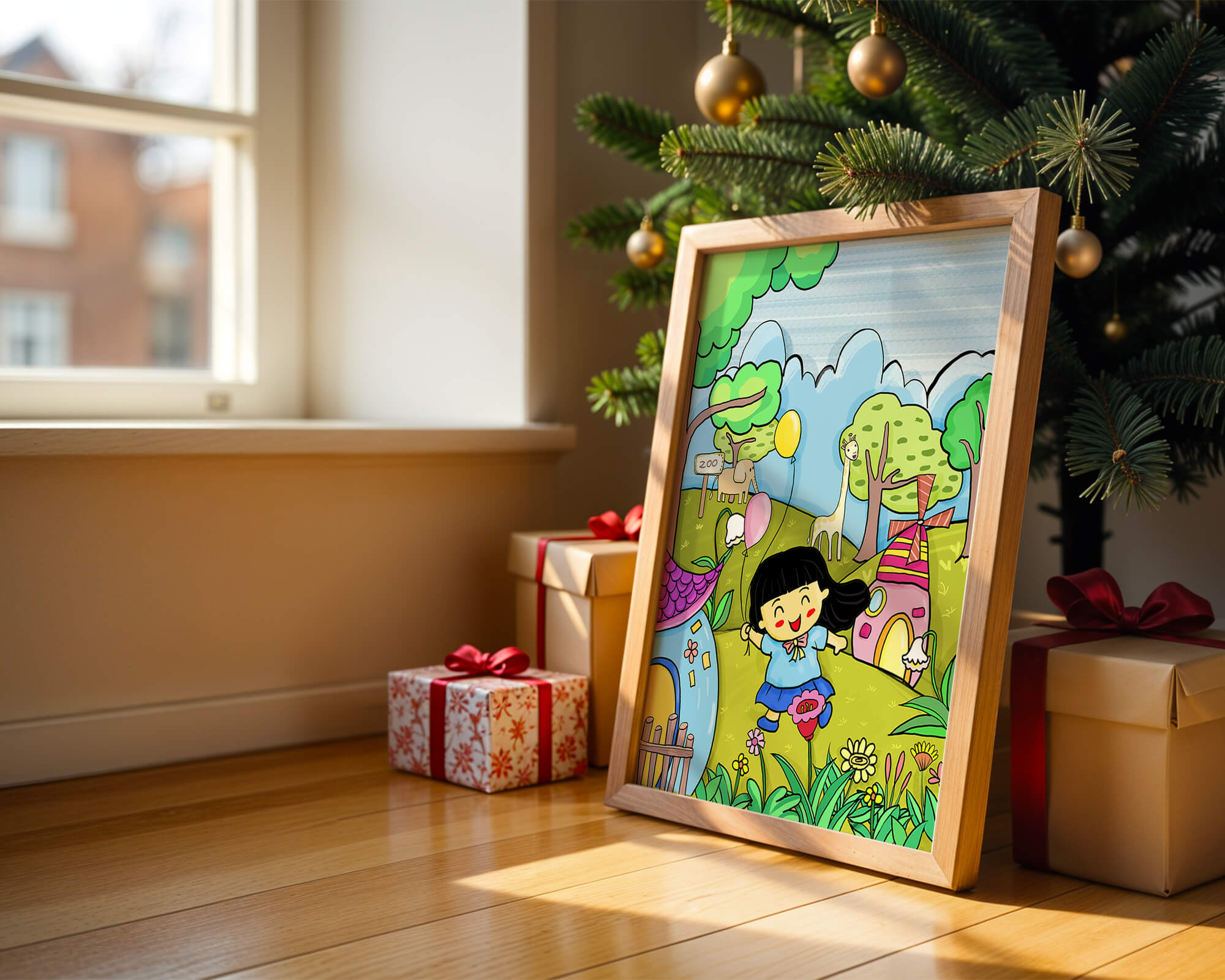 Colorful children's illustration of a joyful zoo visit with animals