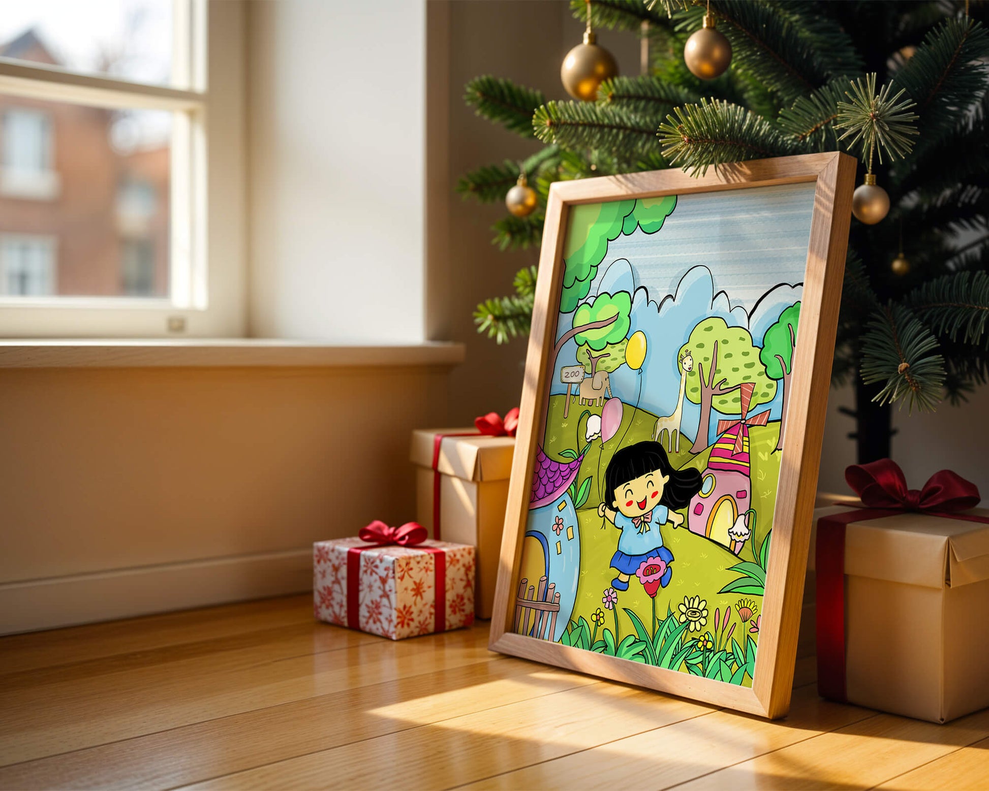 Colorful children's illustration of a joyful zoo visit with animals
