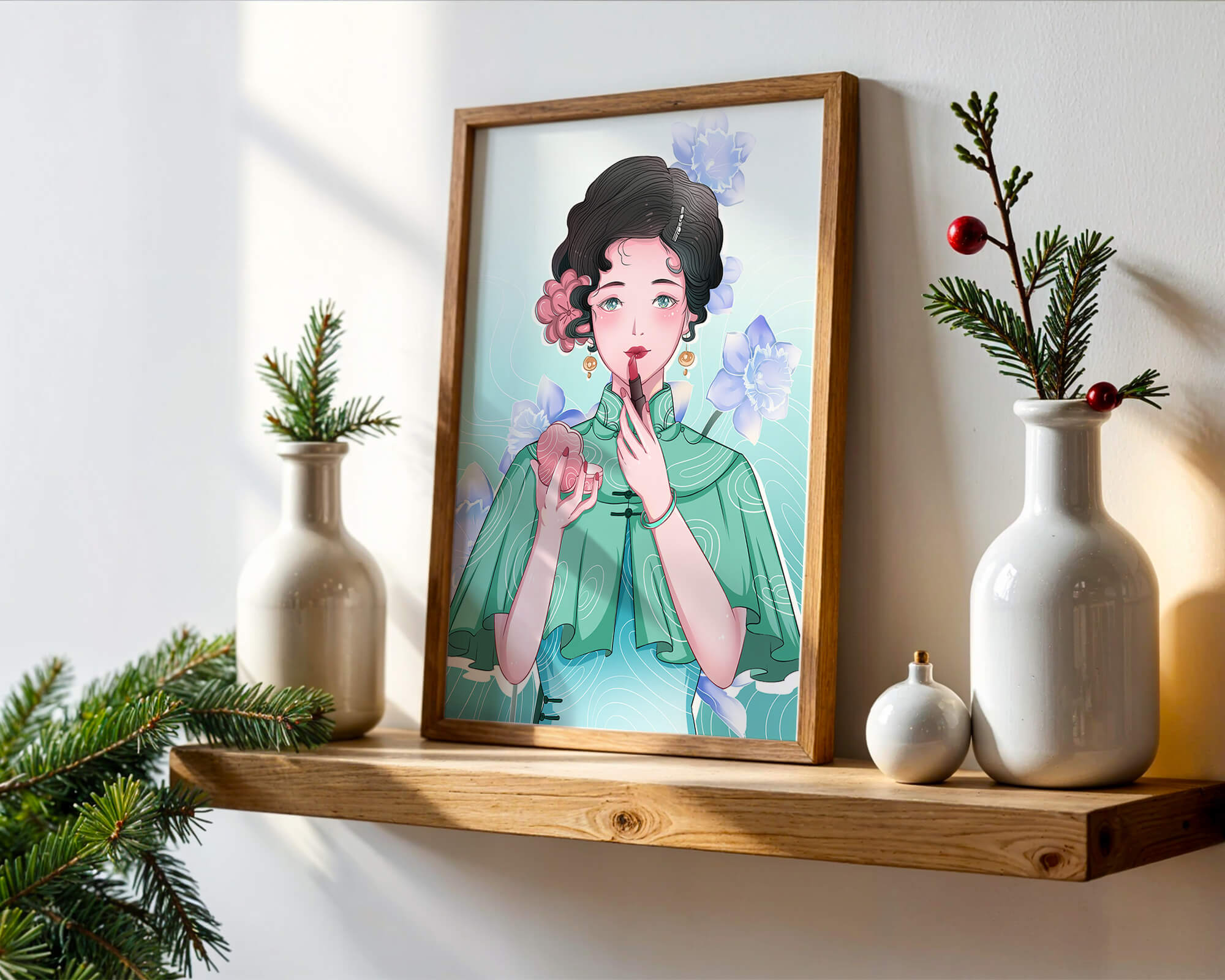 Woman applying lipstick with elegant floral background