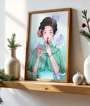 Woman applying lipstick with elegant floral background