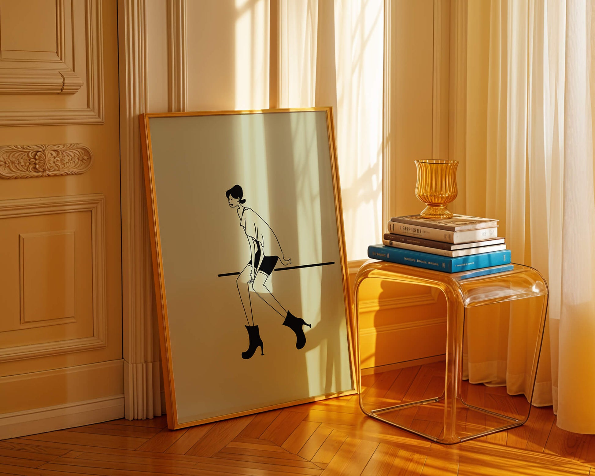 Schicke minimalistische Illustration einer sitzenden Frau in stylischen Stiefeln