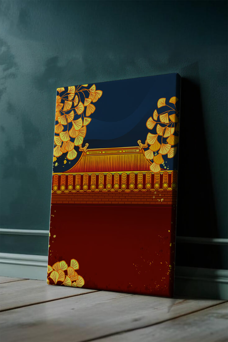Traditional Asian rooftop with golden foliage on a dark evening sky background