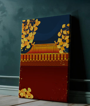 Traditionelles asiatisches Dach mit goldenem Laub auf dunklem Abendhimmel