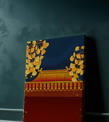Traditional Asian rooftop with golden foliage on a dark evening sky background
