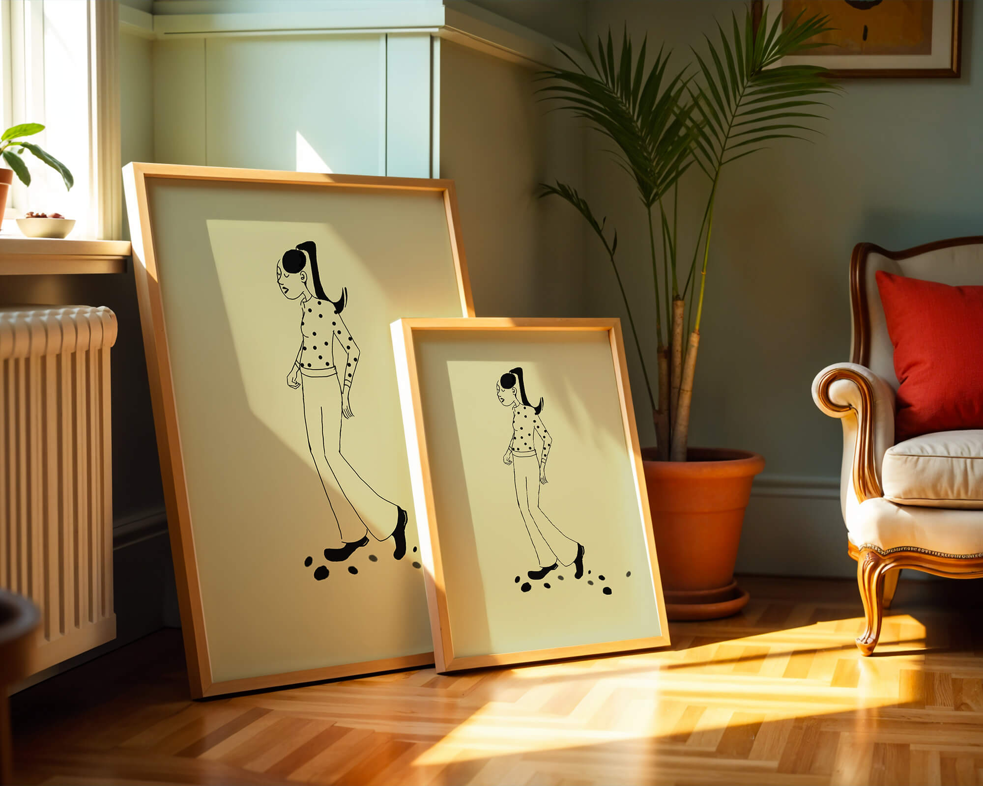 Illustration of a person walking in a polka dot shirt with ponytail