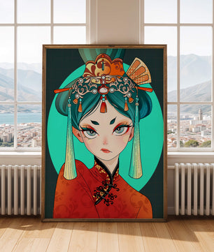 Elegant illustration of a woman in traditional attire with intricate headpiece