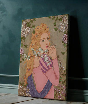 Ilustración floral romántica de una mujer con cabello largo y flores en flor