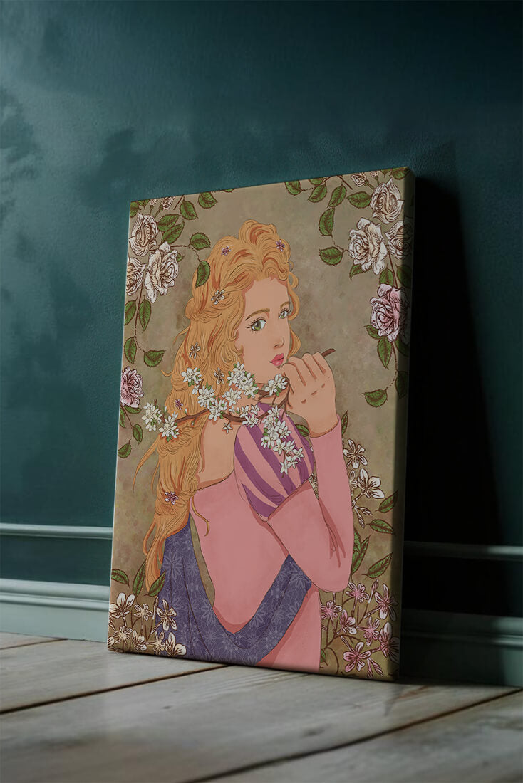 Ilustración floral romántica de una mujer con cabello largo y flores florecientes