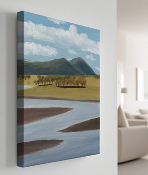 Paisaje sereno con montañas, árboles y río