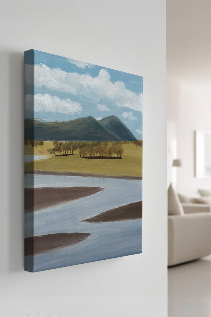 Serene Landscape with Mountains, Trees, and River