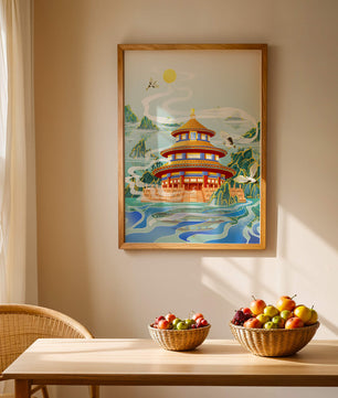 Alter chinesischer Pavillon am Wasser mit Kranichen und Bergen