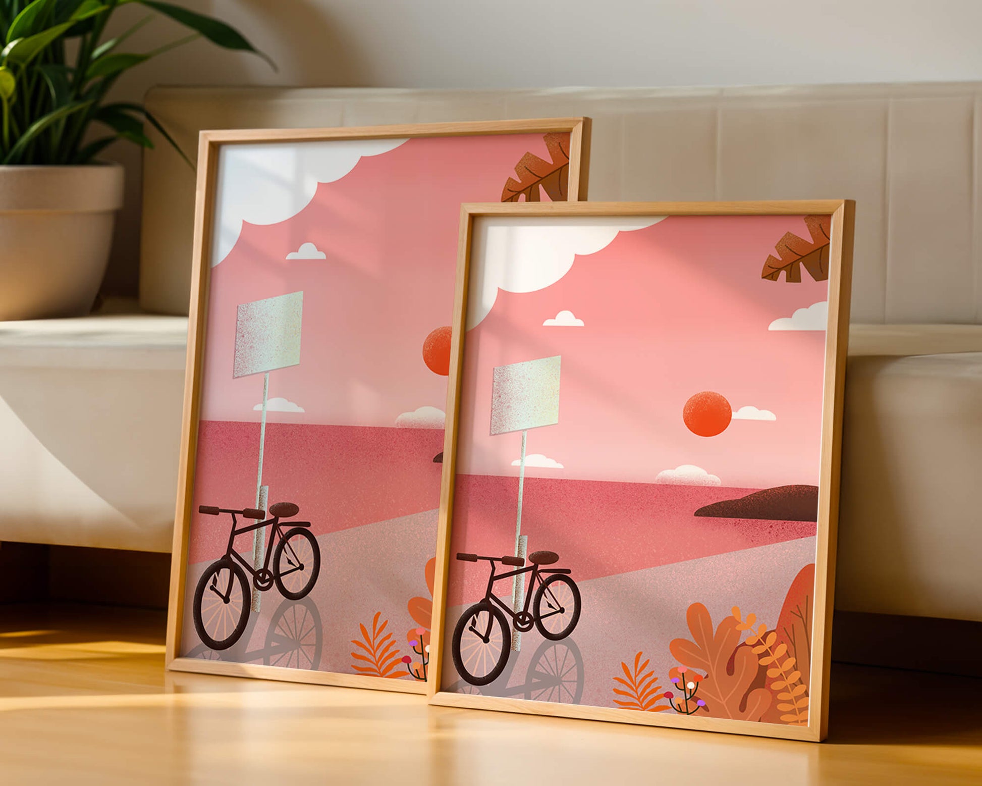 Serene sunset with bicycle by the sea in pastel colors