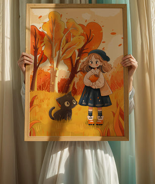 Girl with Cute Cat in Autumn Forest with Colorful Leaves