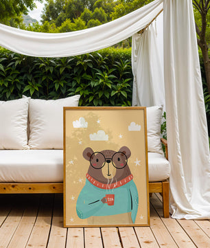 Illustration of a bear with glasses holding a tea cup against a starry background